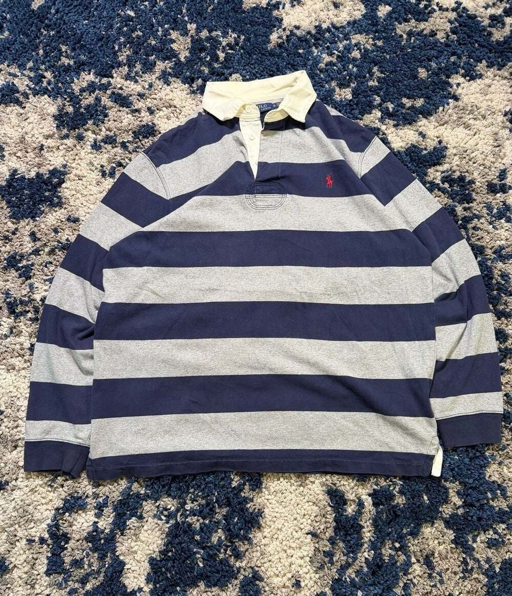 Polo Ralph Lauren Men's Grey and Navy Striped Long Sleeve Rugby Shirt